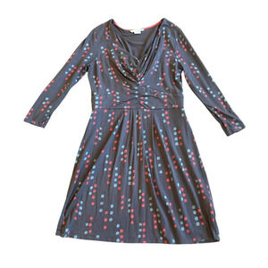 Boden Gathered Band Jersey Stretch Dress Grey Fun Print V-Neck Size 10R Women's